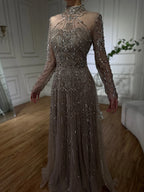 Luxury Dubai Designer Modest A-Line Blue Lace Beaded Evening Dresses CLA72704
