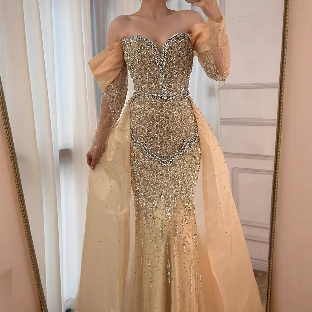 Luxury Nude Beaded Mermaid Evening Dress With Overskirt LA72879