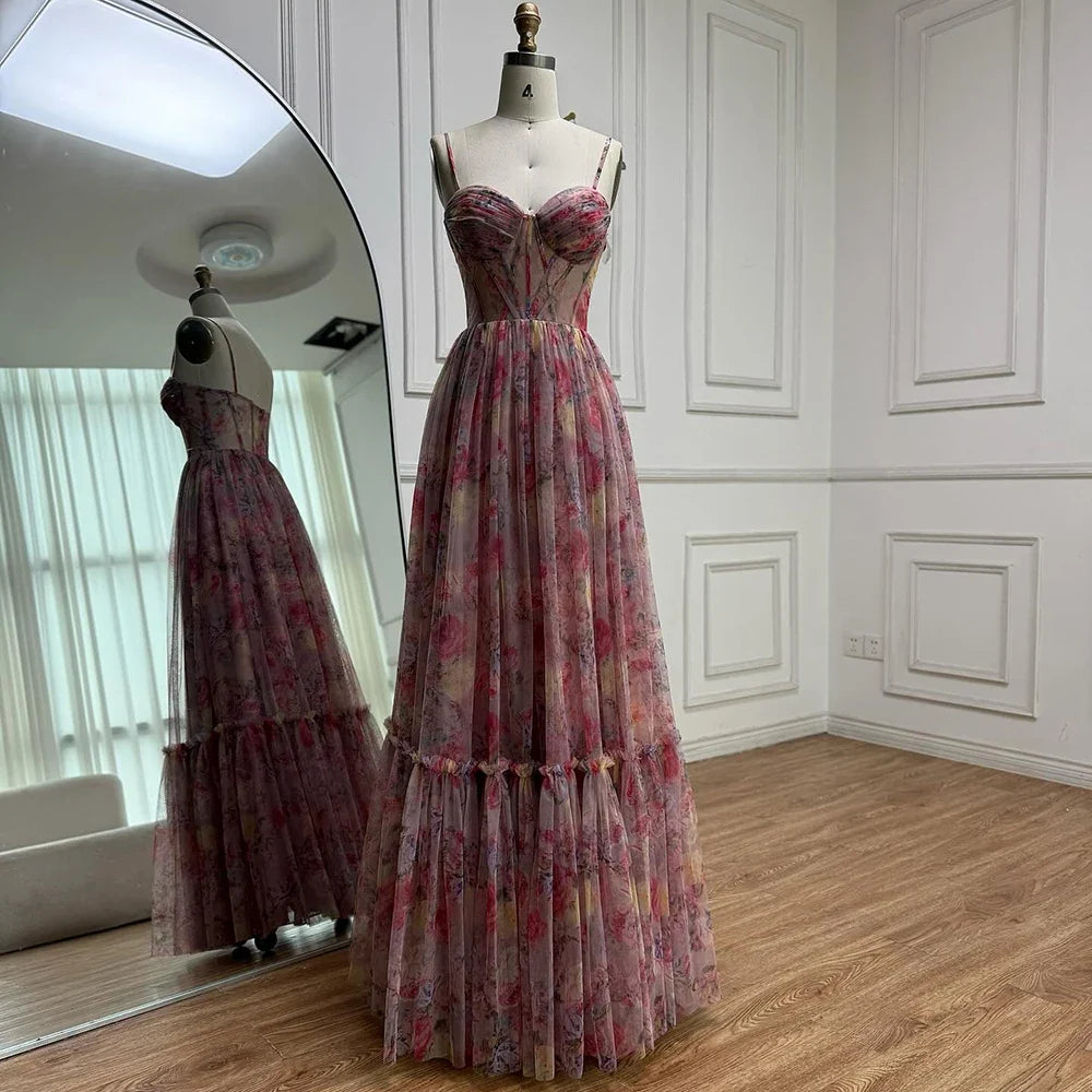Arabic Chiffon Printed Floral Sleeveless A-Line Prom Dress CLA73149