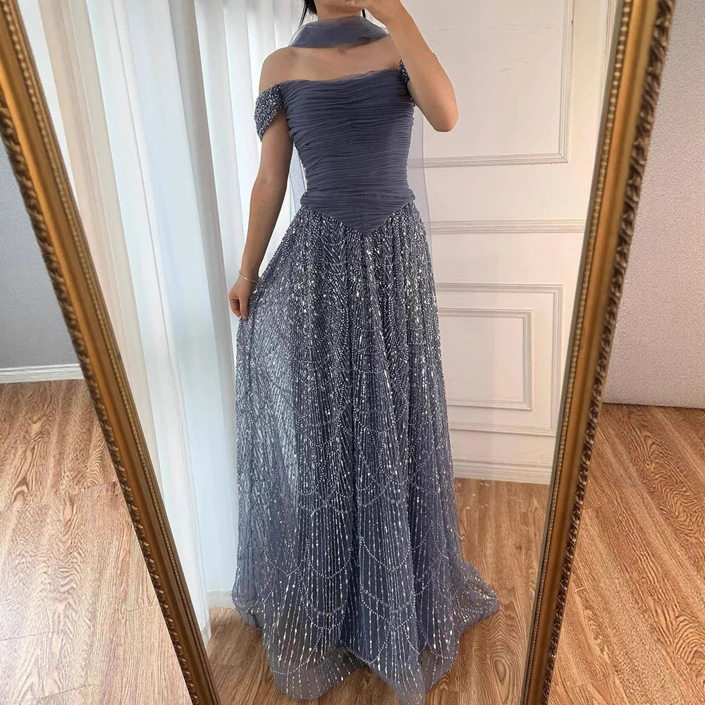 Simple Arabic Pink Pearls Beaded Evening Dress With Shawl CLA72922