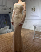 Arabic Elegant Nude Pearls Beaded Mermaid Strapless Evening Dress With Gloves CLA72649
