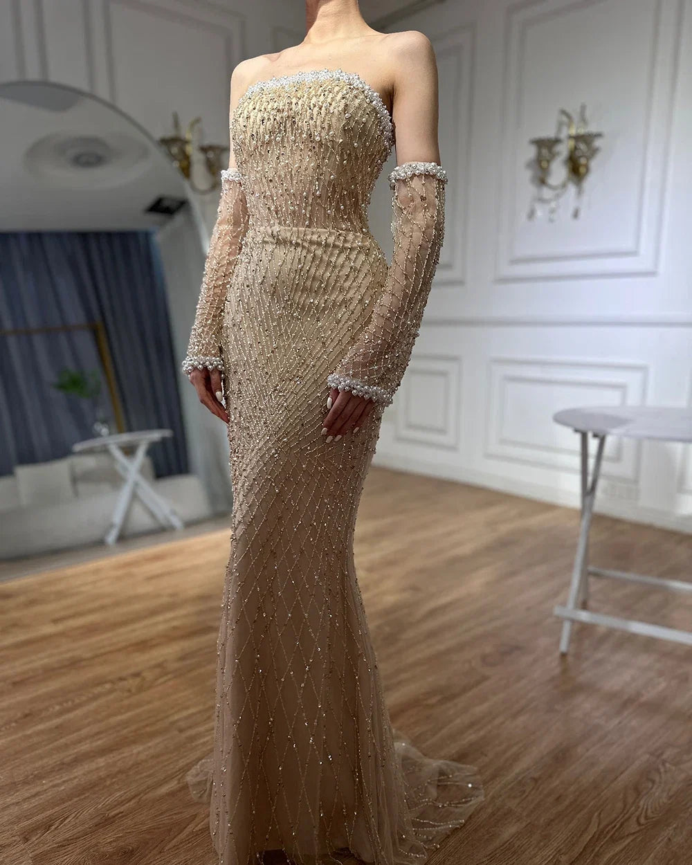 Arabic Elegant Nude Pearls Beaded Mermaid Strapless Evening Dress With Gloves CLA72649