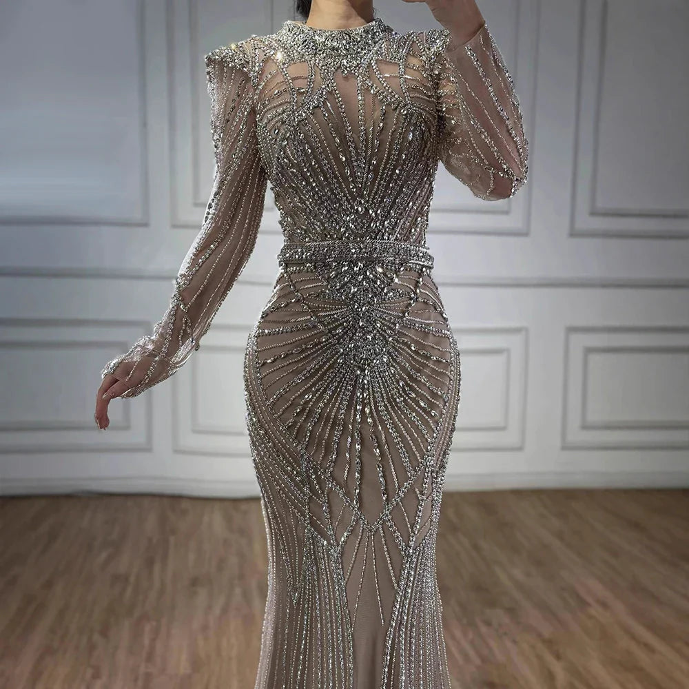 Modest Caramel High Collar Evening Dress For Women Wedding Party CLA73203