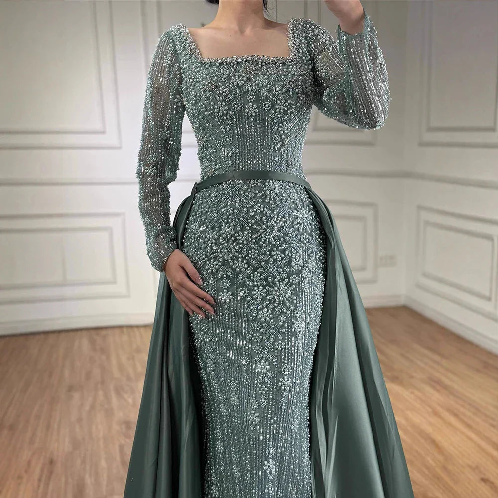 Luxury Dubai Arabic Muslim Caramel Mermaid Beaded Evening Gown with Overskirt CLA72533A
