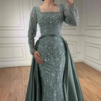 Luxury Dubai Arabic Muslim Caramel Mermaid Beaded Evening Gown with Overskirt CLA72533A
