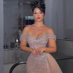 Luxury Nude Off Shoulder Beaded Mermaid Gown with Overskirt LA73139