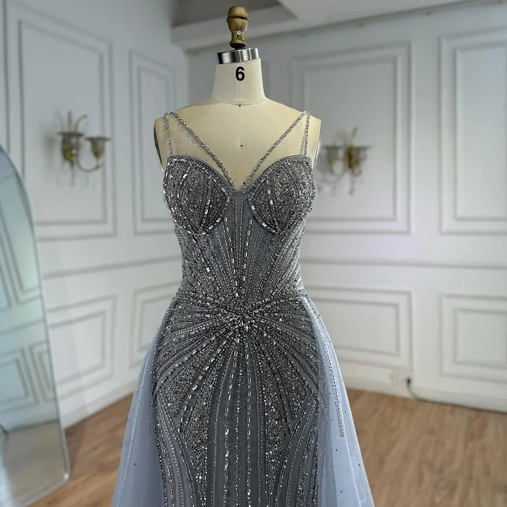 Luxury Nude Spaghetti Strap Mermaid Evening Dress with Overskirt Beaded CLA73090A