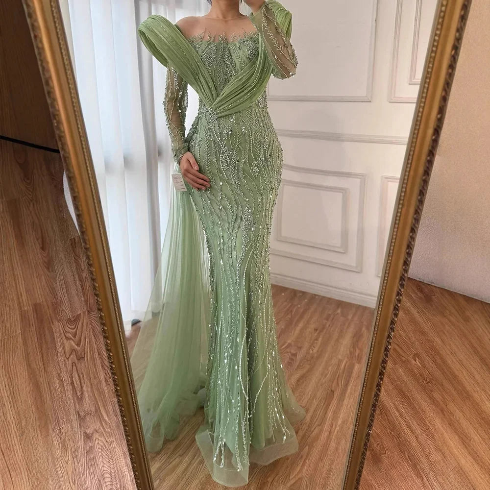 Arabic Luxury Elegant Sage Green Beaded Long Sleeves Evening Dress CLA72928
