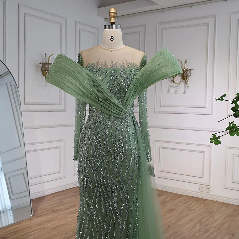 Arabic Luxury Elegant Sage Green Beaded Long Sleeves Evening Dress CLA72928