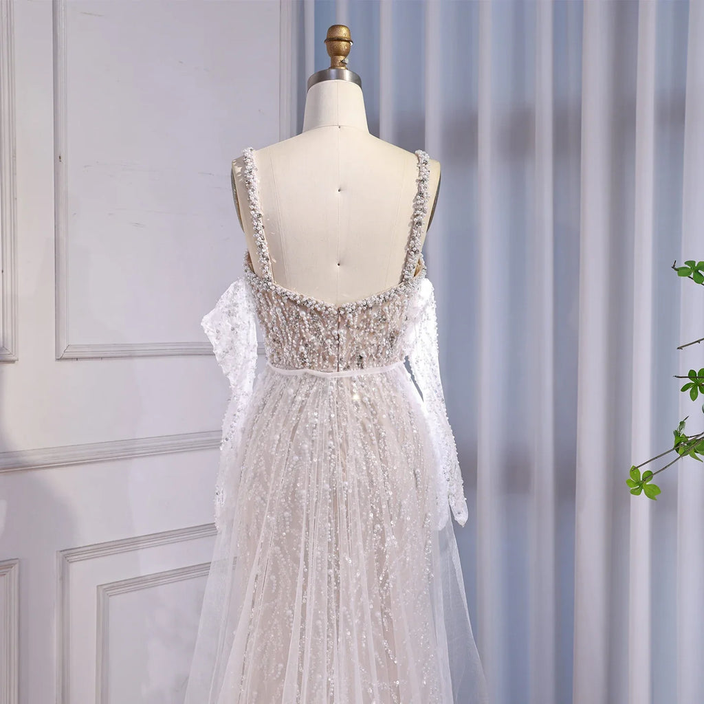 Luxury Lace Pearls Mermaid Evening Dress With Glove White Nude CLA72345E