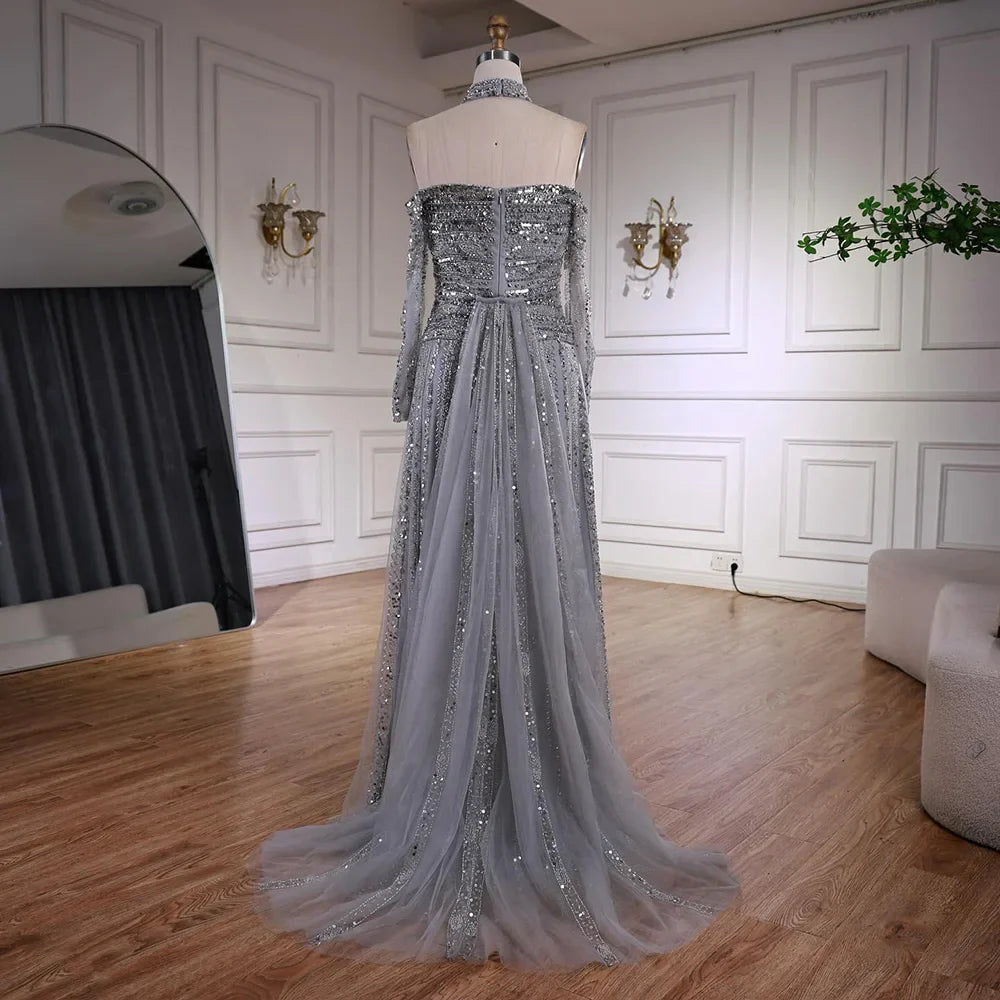 Luxury Caramel Off Shoulder Beaded Mermaid Evening Dress Long Sleeves CLA73053