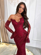 Luxury Burgundy Lace Beaded Mermaid Evening Dress CLA73341