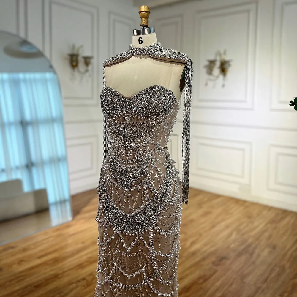 Kosovo Luxury Beaded Pearls Tassels Nude Evening Dress With Short Cape CLA72876