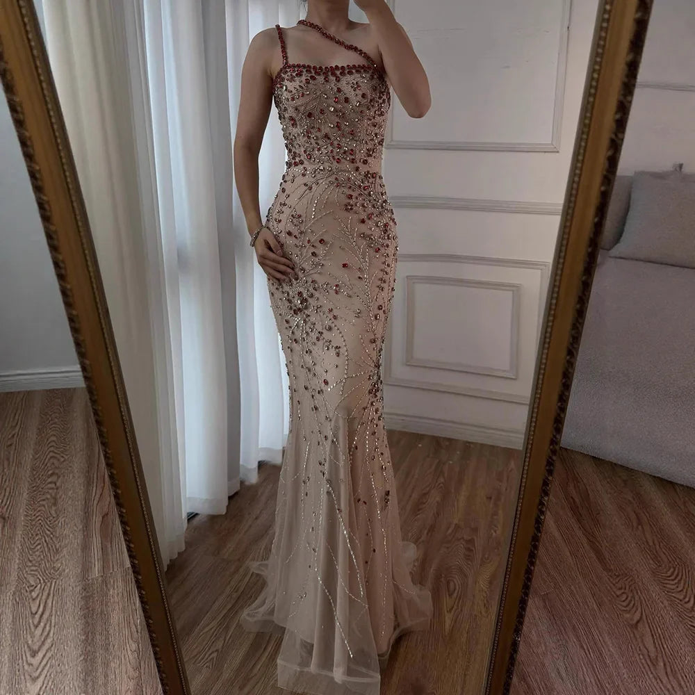 Luxury Red Saudi Arabic Crystal Beaded One Shoulder Evening Dress CLA73135