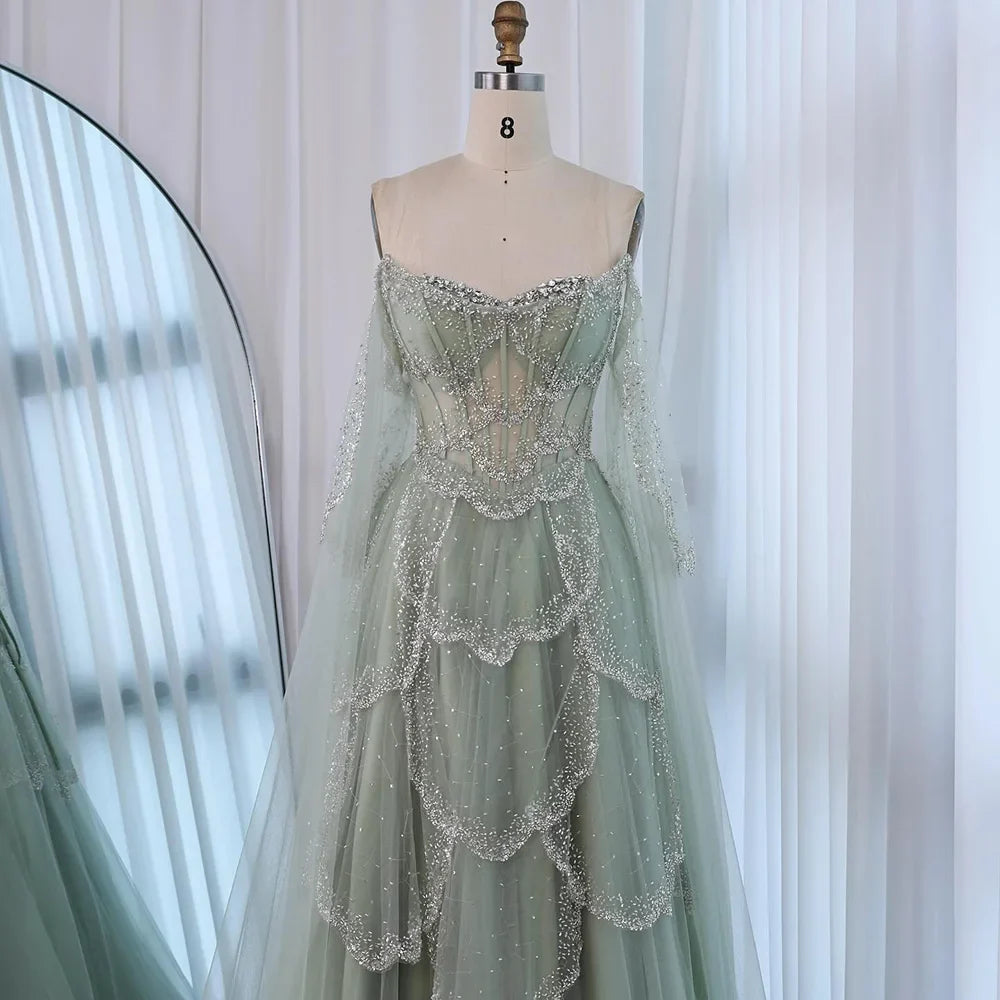 Luxury Arabic Sage Green Beaded A-Line Evening Dress with Cape CLA72605A