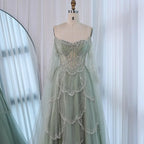 Luxury Arabic Sage Green Beaded A-Line Evening Dress with Cape CLA72605A