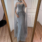 Luxury Rose Gold Beaded Off-Shoulder Evening Dress With Cape Sleeves CLA73076