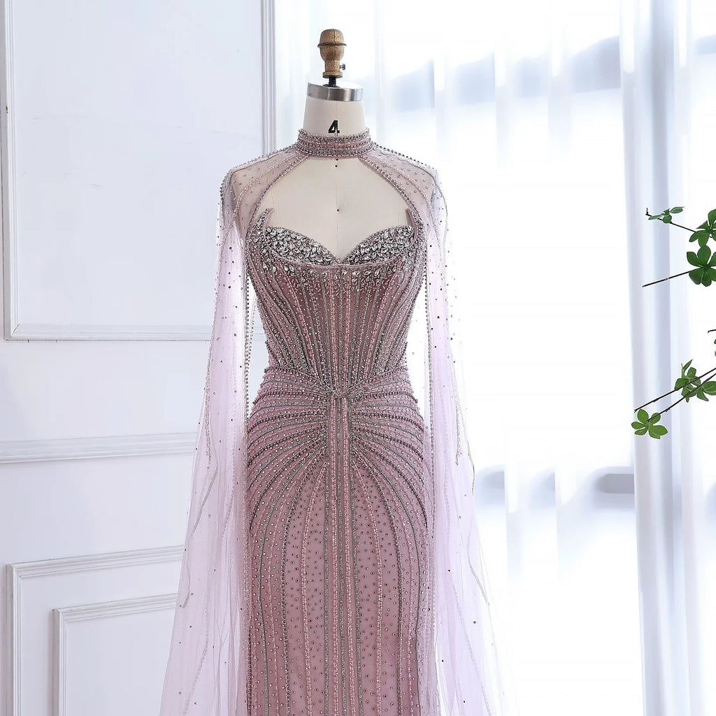 Luxury Dubai Caramel Beaded Evening Dress With Cape CLA72811C