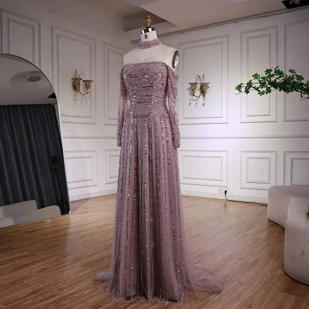 Luxury Caramel Off Shoulder Beaded Mermaid Evening Dress Long Sleeves CLA73053