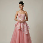 Luxury Peach Floral Appliqué A-Line Sparkly Evening Dress LA73185