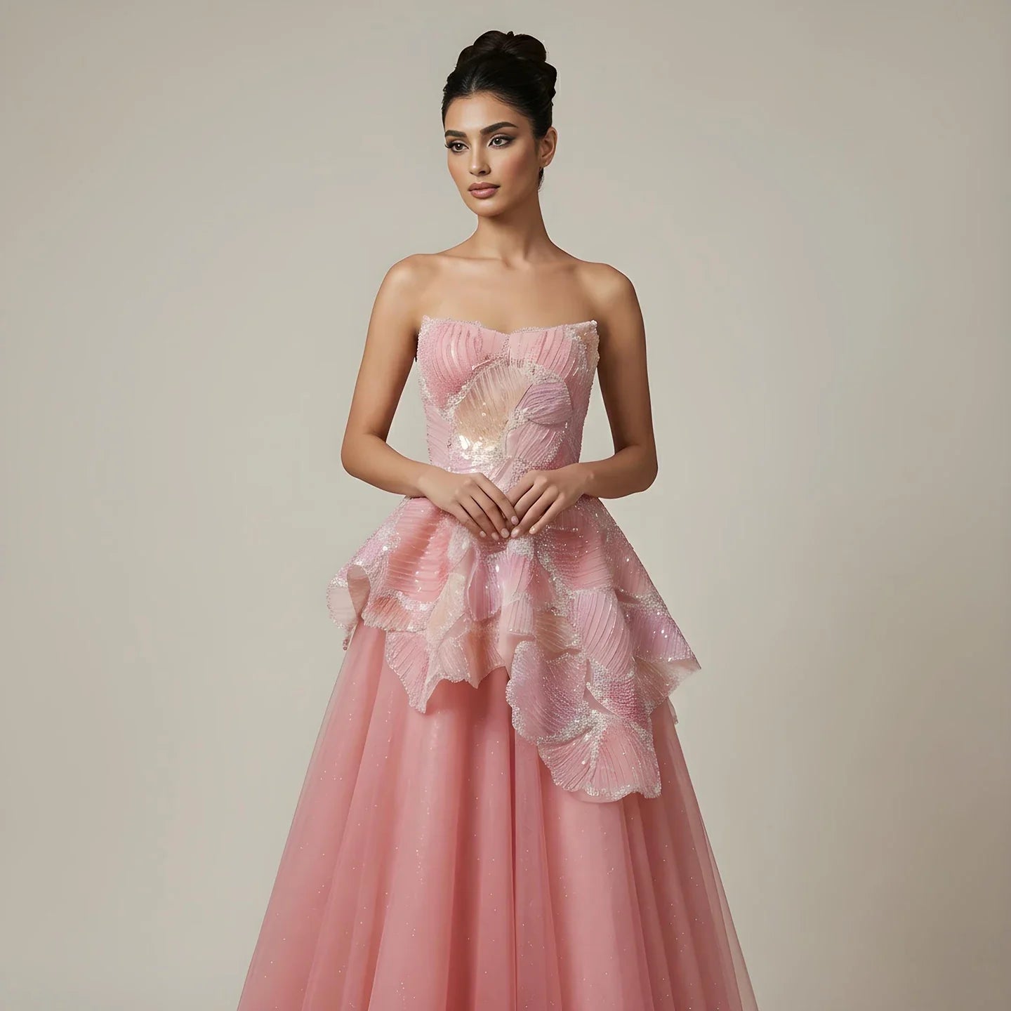 Luxury Peach Floral Appliqué A-Line Sparkly Evening Dress LA73185