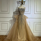 Luxury Dubai Nude Beaded Spaghetti Strap Evening Dress Mermaid With Overskirt CLA72810