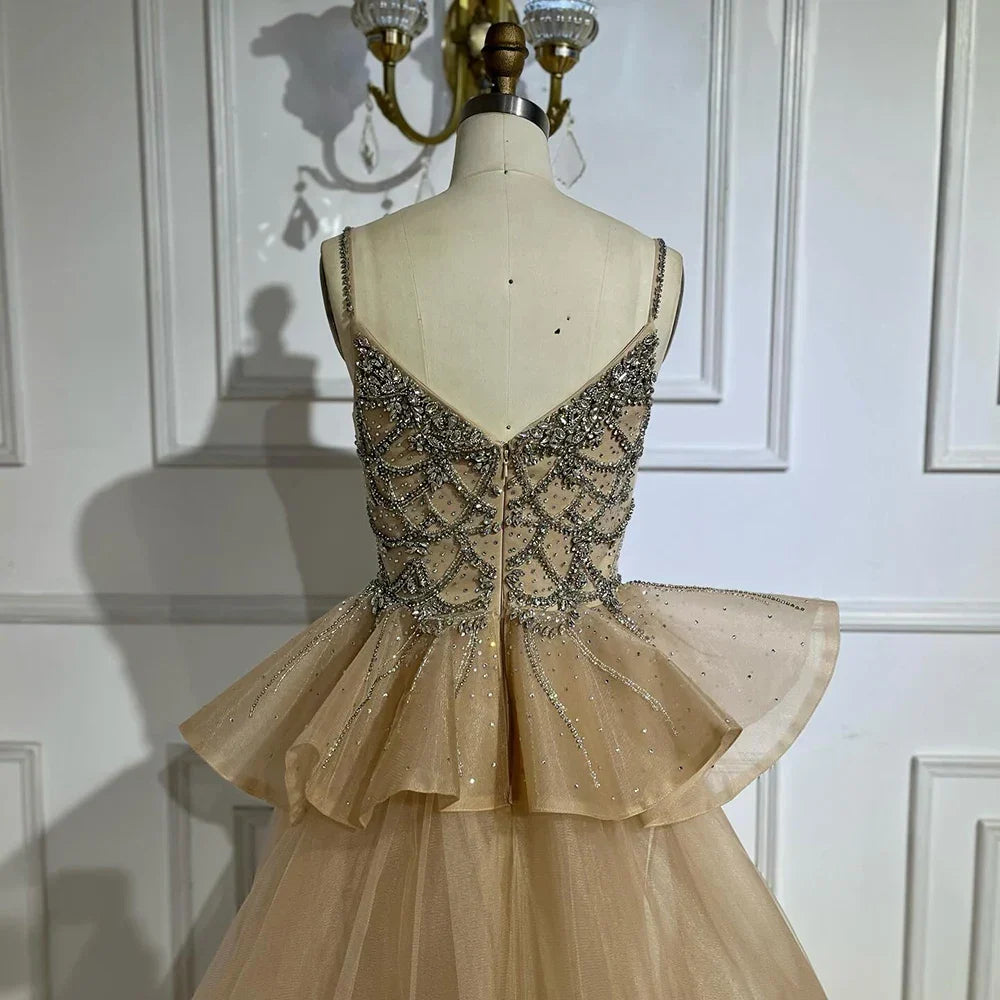 Luxury Dubai Nude Beaded Spaghetti Strap Evening Dress Mermaid With Overskirt CLA72810