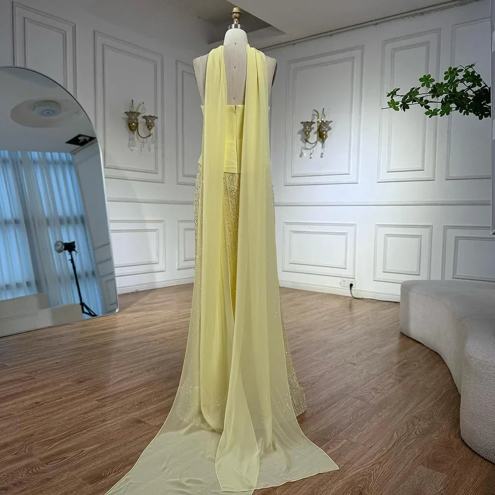 Simple Yellow Mermaid Evening Dress With Shawl CLA73007
