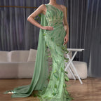Green One-Shoulder Beaded Feathers Evening Gown with Side Cape Shawl LA72698
