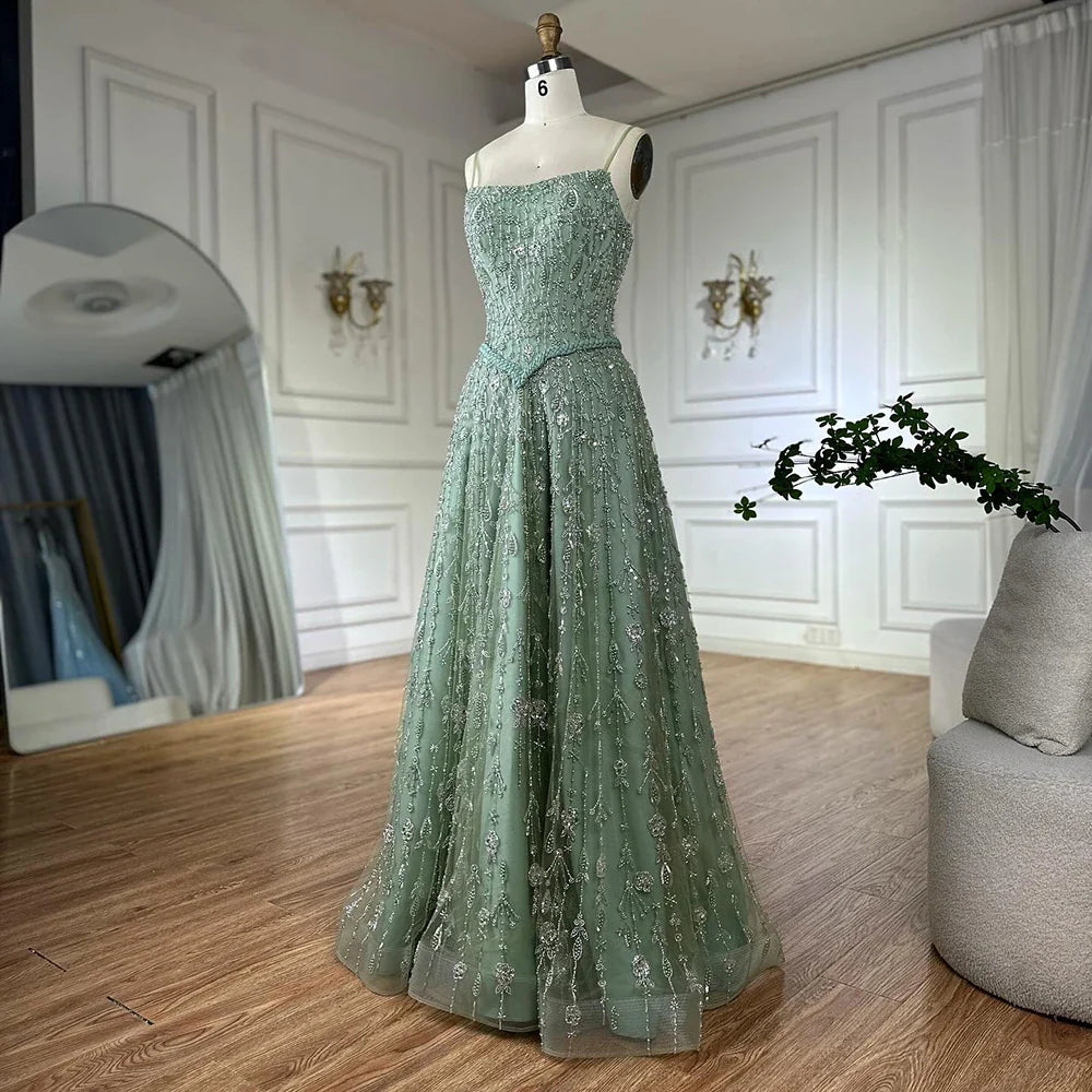 Luxury Sage Green Beaded A-Line Spaghetti Straps Evening Dress CLA72805