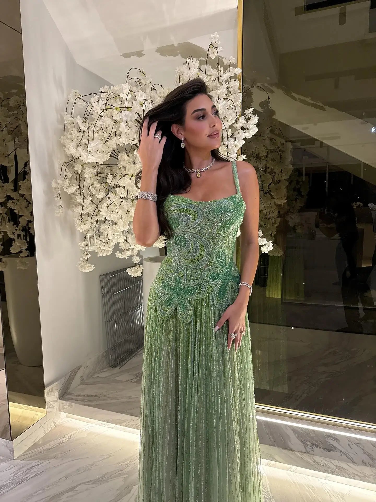 Kosovo Luxury Full Beaded A-Line Spaghetti Straps Evening Dress Women Occasion Party Gown CLA73332