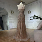 Luxury Dubai Elegant Nude One Shoulder Beaded Evening Dresses Gowns for Formal Occasion CLA72791