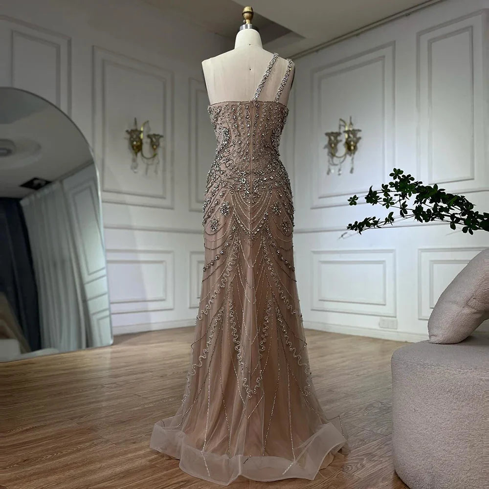 Luxury Dubai Elegant Nude One Shoulder Beaded Evening Dresses Gowns for Formal Occasion CLA72791