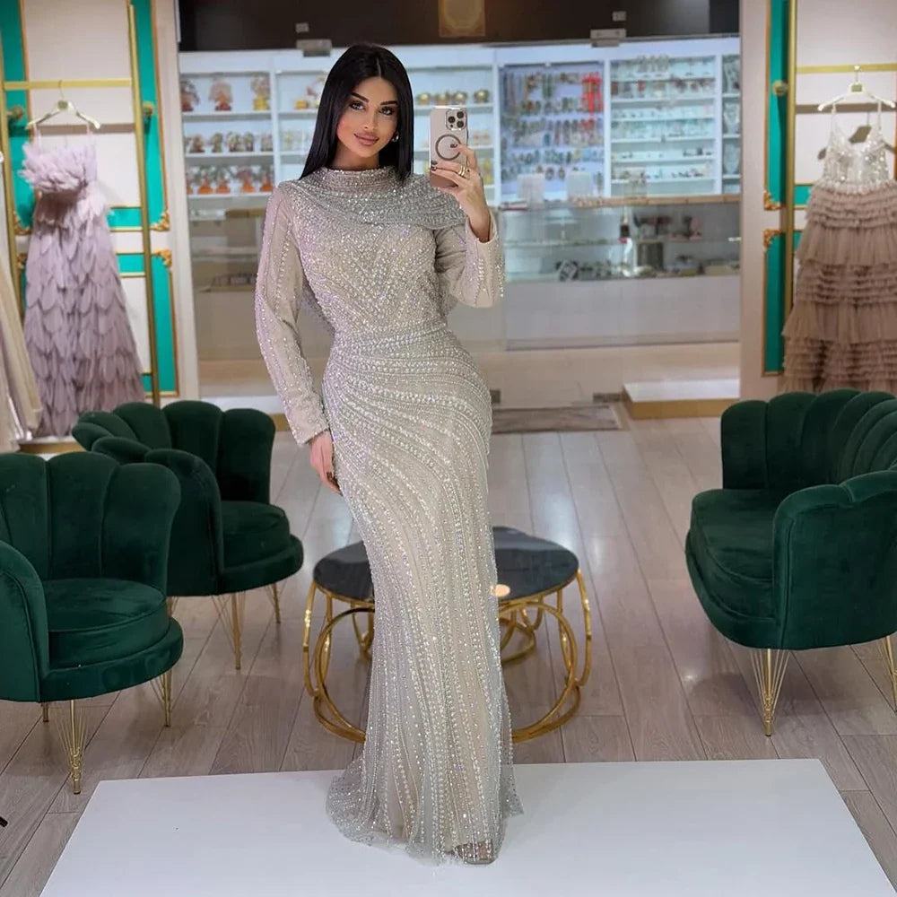 Modest Muslim Silver Nude Beaded Long Sleeves Evening Dress CLA70752H