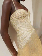 Arabic Luxury Beaded Tassels Mermaid Evening Dress Spaghetti Straps Women Party Gown CLA73446