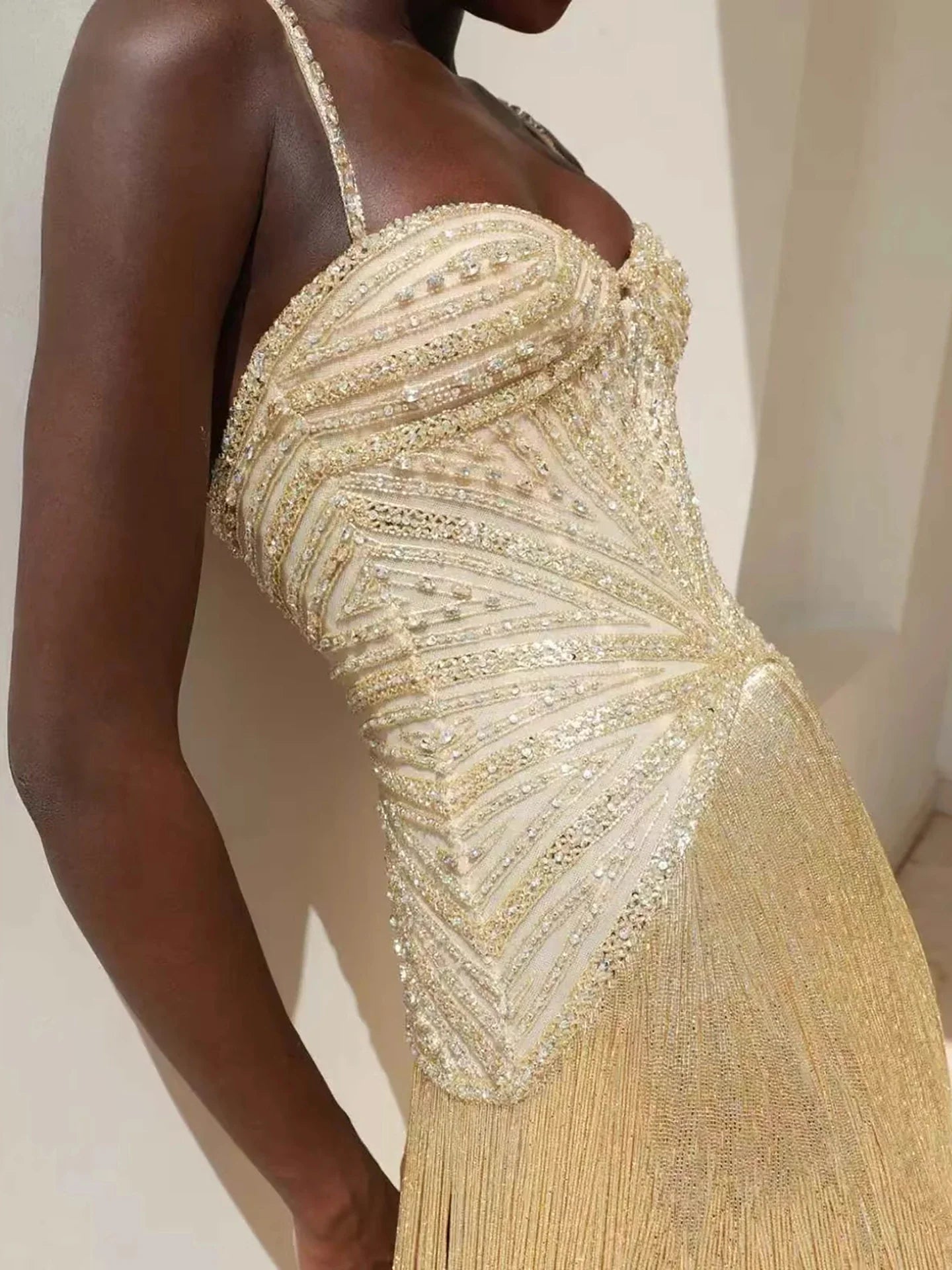 Arabic Luxury Beaded Tassels Mermaid Evening Dress Spaghetti Straps Women Party Gown CLA73446