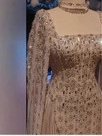 Luxury Nude Dubai Crystal Cape Sleeves A-Line Evening Dress CLA73272