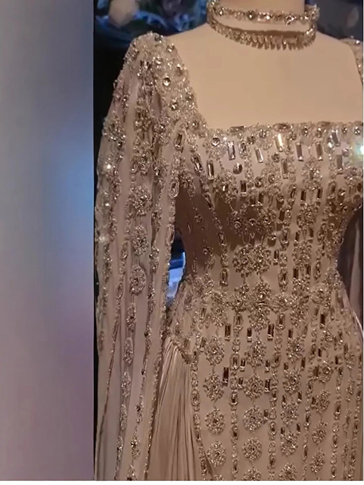 Luxury Nude Dubai Crystal Cape Sleeves A-Line Evening Dress CLA73272