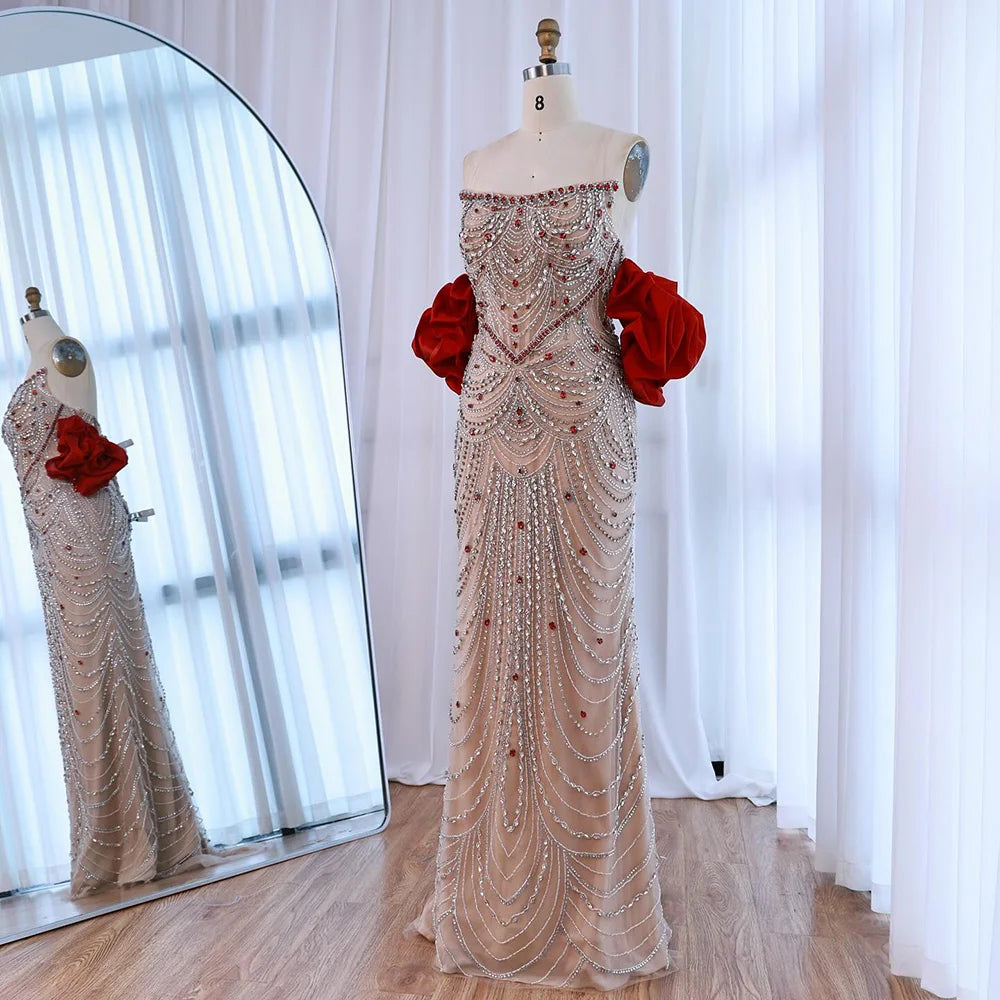 Luxury Beaded Evening Dress Puff Sleeves Pearl Adorned CLA72903