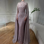 Modest Muslim Pink Evening Dress With Cape Long Sleeves CLA72413A
