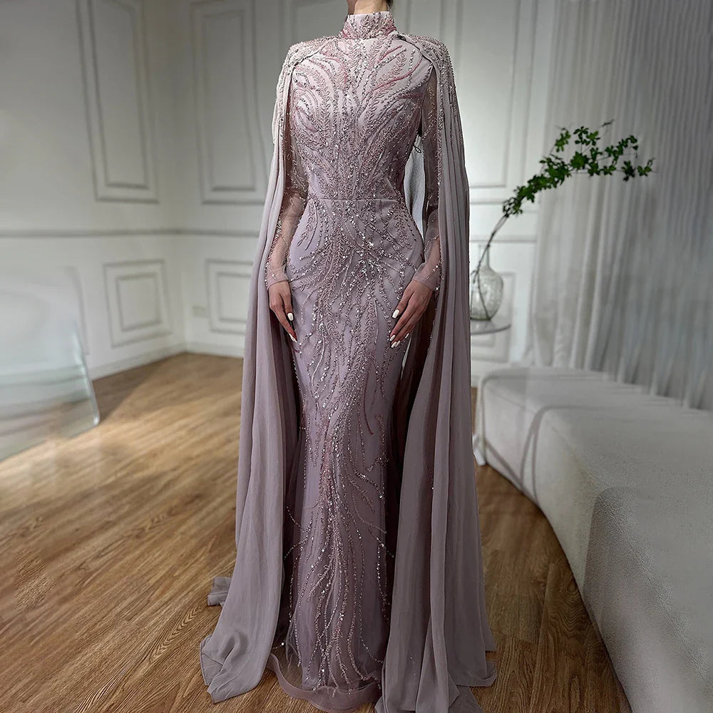 Modest Muslim Pink Evening Dress With Cape Long Sleeves CLA72413A