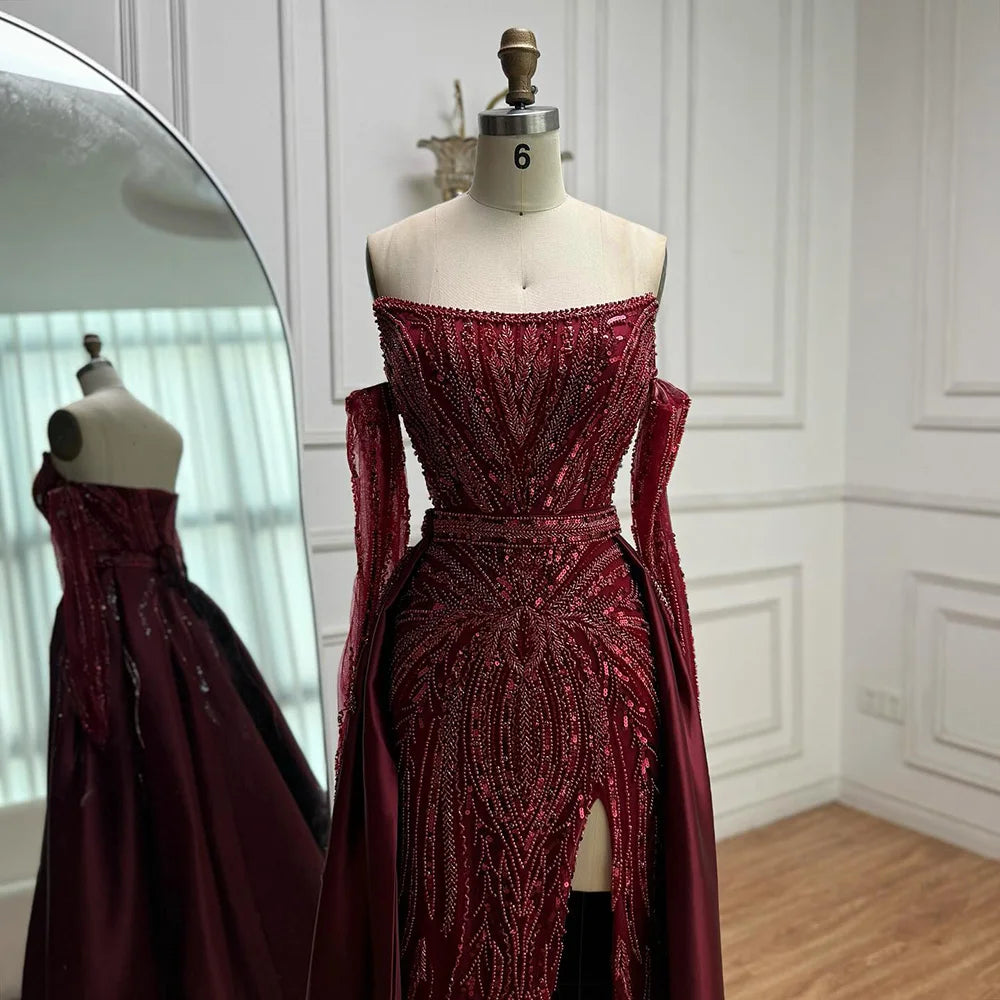 Luxury Burgundy Beaded Overskirt Evening Dress Gown With Gloves CLA72935