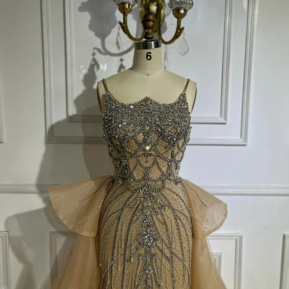Luxury Dubai Nude Beaded Spaghetti Strap Evening Dress Mermaid With Overskirt CLA72810