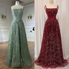 Luxury Sage Green Beaded A-Line Spaghetti Straps Evening Dress CLA72805