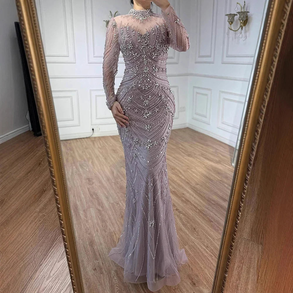 Luxury Nude Beaded Long Sleeves Modest Muslim Mermaid Evening Dress CLA73158