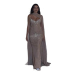 Luxury Arabic Nude Beaded Strapless With Cape Corset Evening Dress CLA73343