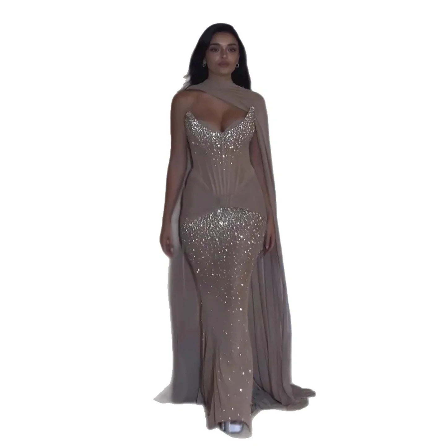 Luxury Arabic Nude Beaded Strapless With Cape Corset Evening Dress CLA73343