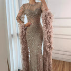 Luxury Modest Pink Feathers Long Cape Sleeves Mermaid Evening Dress CLA72708A