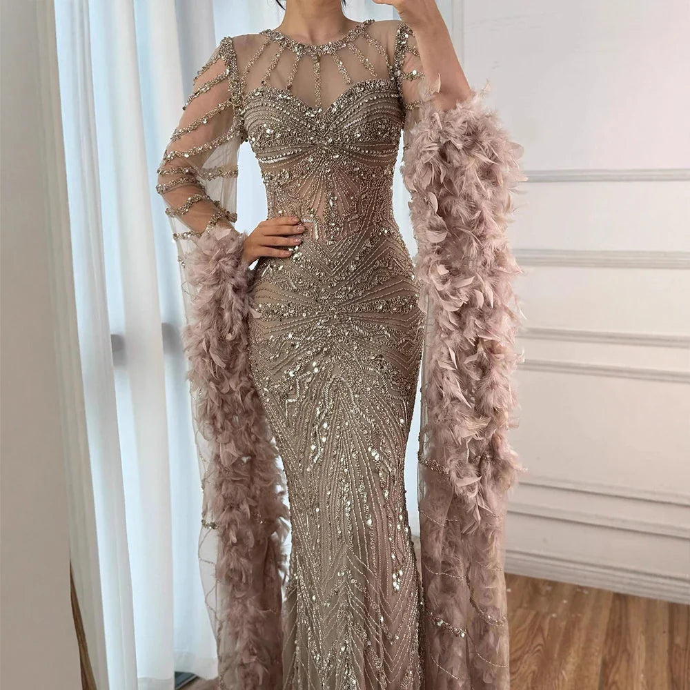 Luxury Modest Pink Feathers Long Cape Sleeves Mermaid Evening Dress CLA72708A