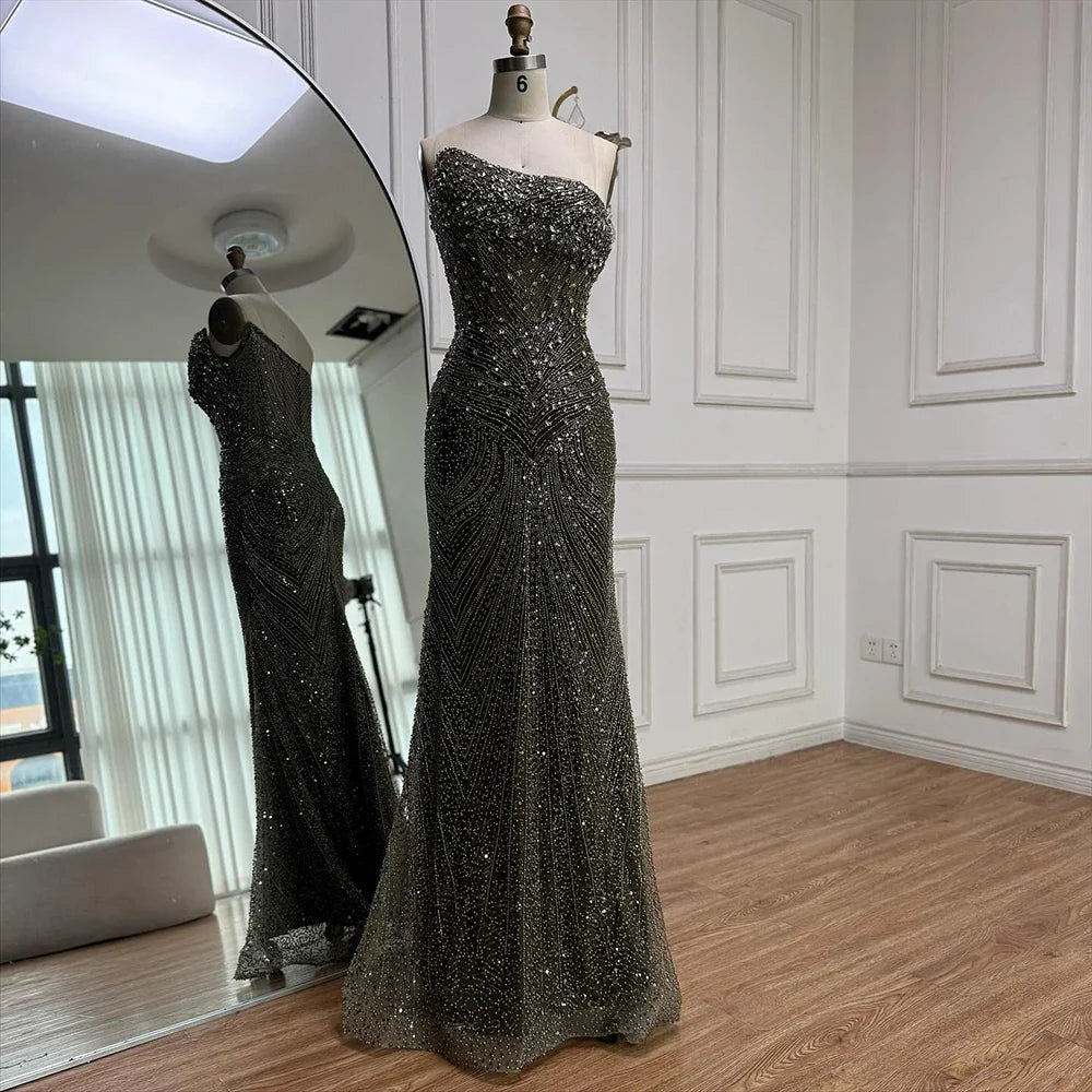 Luxury Olive Green Beaded Mermaid Evening Dress With Overskirt CLA73164A